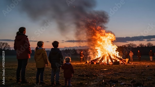 Dramatic twilight scene: Warm glow of a large, distant German Easter bonfire silhouettes a small family group watching against dark foreground elements.