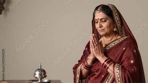 Dignified Parsi Matriarch in Rich Embroidered Silk Gara Saree Standing Near Silver Incense Burner, Hands Folded in Prayer, Soft Lighting