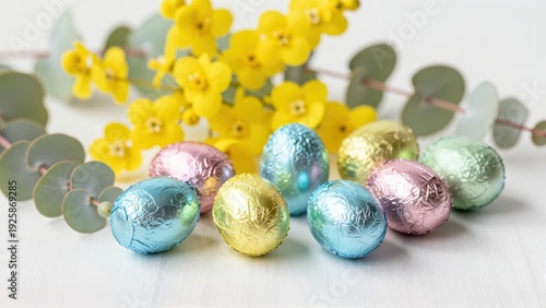 Delicate arrangement of pastel coloured miniature foil chocolate eggs nestled among bright yellow wattle flowers and silvery green eucalyptus foliage for