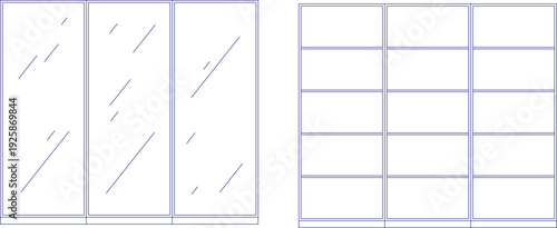 Technical architectural CAD blocks showing front elevations of large glass windows or sliding door panels, featuring minimalist frames and glass reflection indicators for building design.