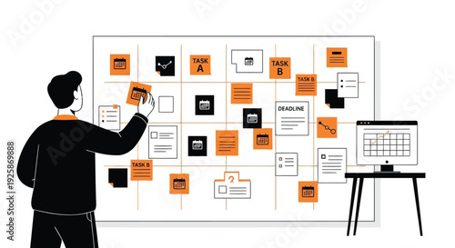 Business strategy vector illustration with man planning on whiteboard