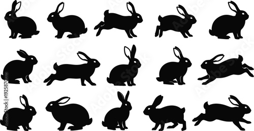 Collection of black rabbit silhouettes, various hare species, hopping bunny icons, spring nature design elements, isolated vector set, forest animal shapes, easter bunnies