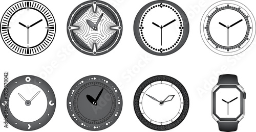 A collection of various clock face designs and a digital smartwatch silhouette, featuring a mix of minimalist, classic, and decorative styles suitable for graphic assets or interface design.