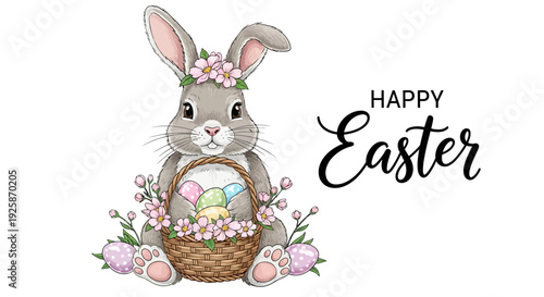 Illustration of a cute Easter bunny with a flower crown holding a basket of colorful eggs and surrounded by pink flowers on a white background with Happy Easter text.
