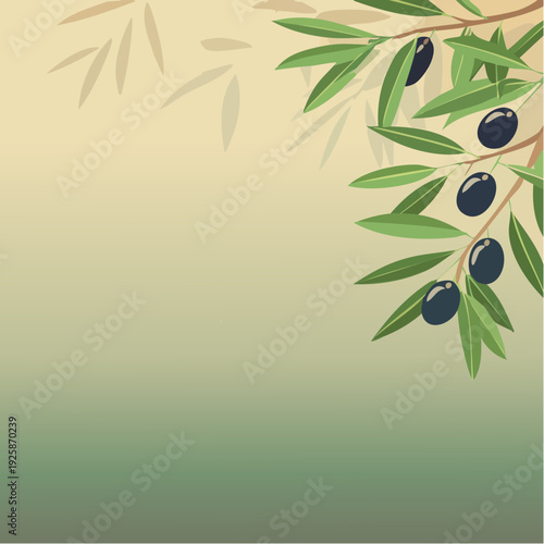 Branche d’olivier avec olives mûres sur fond orange, espace libre pour texte