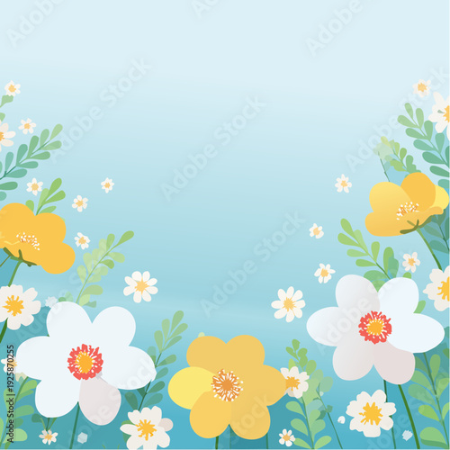 Cadre floral coloré sur fond de ciel bleu dégradé