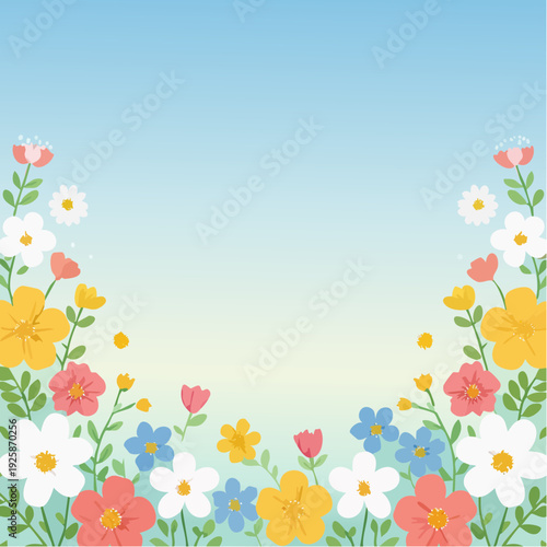 Cadre floral coloré sur fond de ciel bleu dégradé