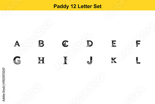 Paddy 12 letter set with alphabet letters on white background