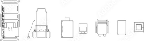 Architectural CAD block set of medical and hospital equipment, featuring top-view technical drawings of specialized clinical beds and diagnostic workstation units.