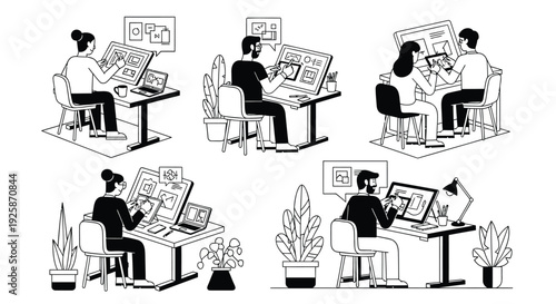Office workers at desks icon set. Includes people, computers, plants, and office furniture. Created in line style with black and white palette.