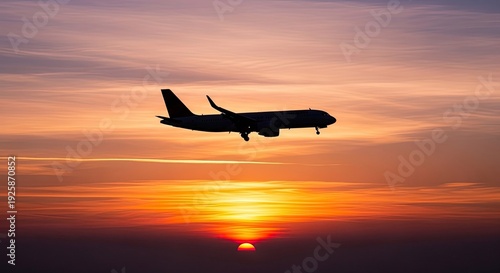 airplane flying at sunset