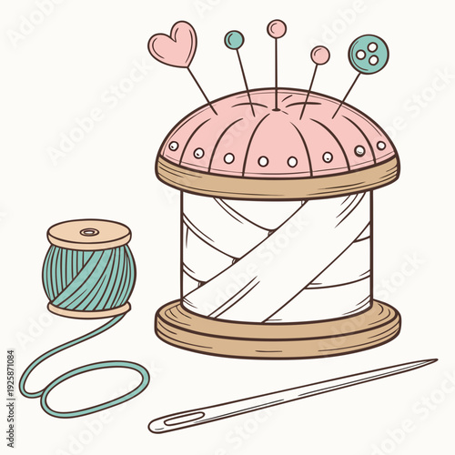 Sewing kit illustration with pincushion filled with decorative pins, thread spool, and sewing needle for craft projects