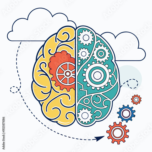 Conceptual brain illustration showing creative right hemisphere versus logical left hemisphere with gears and cloud processing