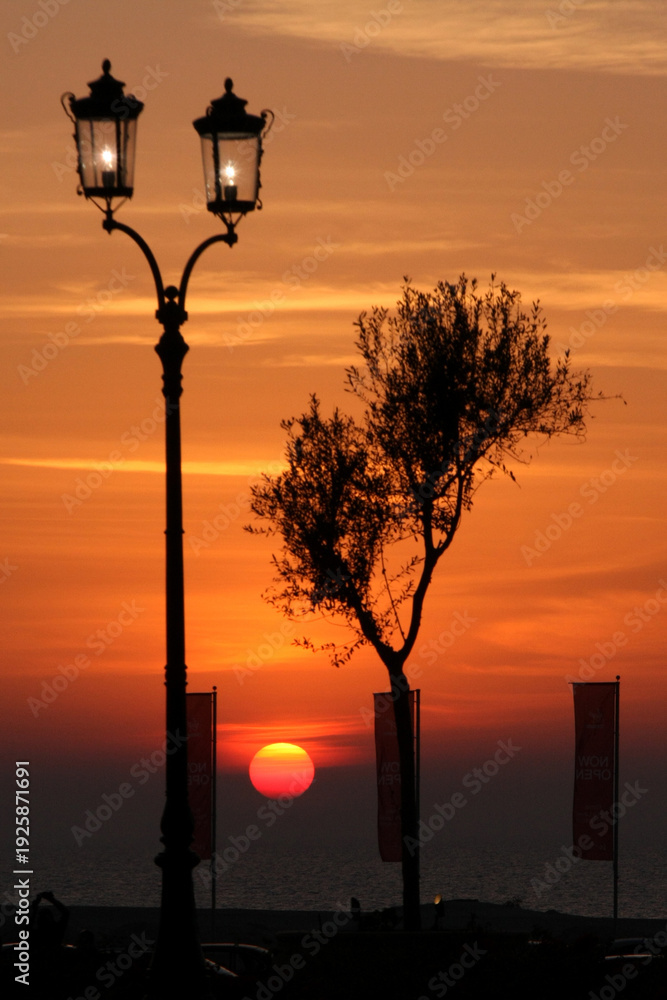 Obraz premium Vibrant orange sunset over the ocean featuring silhouetted Victorian street lamps, a lone tree, and red flags on shore.