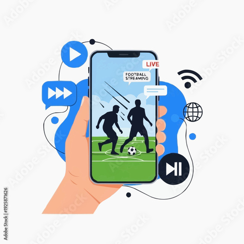 A vector graphic illustration of a hand holding a smartphone with a live football streaming on the screen