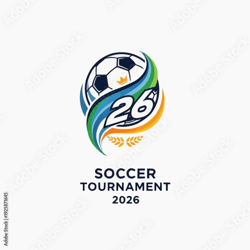 A colorful soccer tournament logo with a ball and laurels