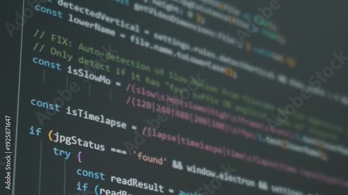 Close-up view of scrolling Javascript programming source code on a dark computer screen. Concept of software engineering, complex data processing, and digital web development.
