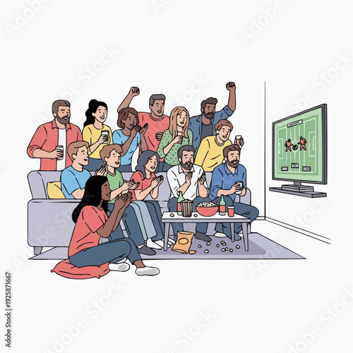 A group of friends watching a sports game on TV in a living room