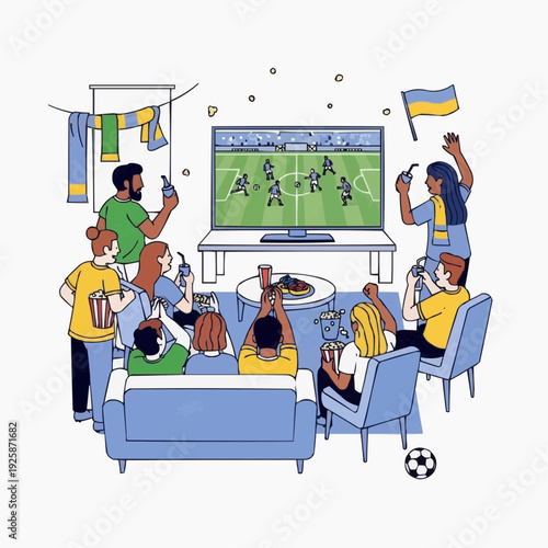 A group of friends watching a soccer game on TV in a living room