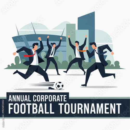 A vector illustration of businessmen running to a corporate football tournament