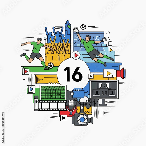 A colorful vector illustration of soccer players and media icons