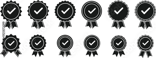 Award ribbon checkmark vector set icon