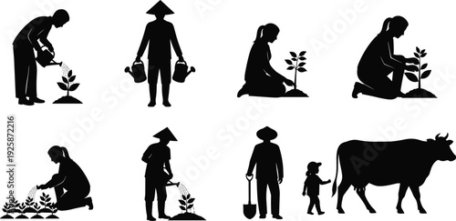 Black silhouette collection of farmers and gardeners, agricultural workers planting crops, people watering plants, rural farming icons, livestock cow illustration, isolated vector set