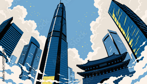 Dramatic Low Angle View of Modern Skyscrapers and Traditional Asian Architecture Contrasting in Urban Skyline seoul skyline vector