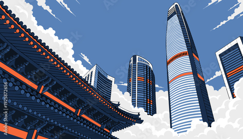 Modern Asian Cityscape Fusion Traditional Architecture Contrasting Tall Skyscrapers Above White Clouds seoul skyline vector