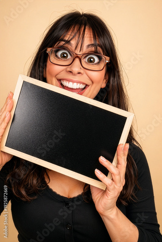 Funny woman holding blank blackboard – exaggerated caricature portrait with copy space