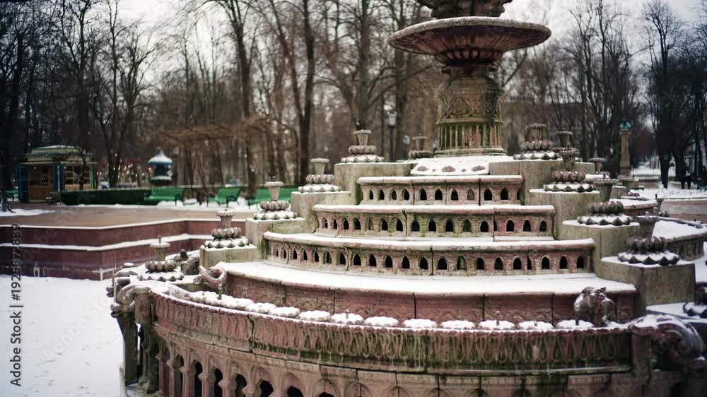 custom made wallpaper toronto digitalStatic shot of a decorative stone fountain covered in snow inside a public park