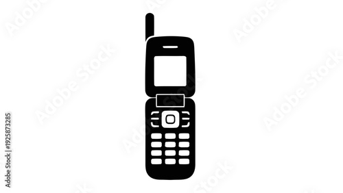 Vector illustration of black silhouette of a flip phone with antenna on top on a transparent background