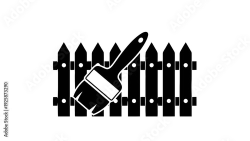 Vector illustration of black and white icon of a paintbrush in front of a picket fence on a transparent background