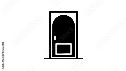 Vector illustration of simple black and white illustration of an arched doorway with a small window on a transparent background