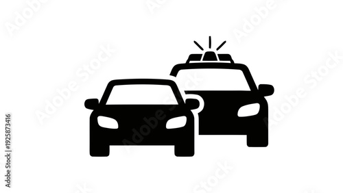 Vector illustration of black silhouette of two cars with police lights on top on a transparent background