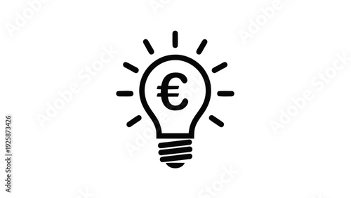 Vector illustration of black line art light bulb icon with euro symbol inside on on a transparent background