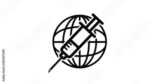 Vector illustration of black icon of syringe injecting globe symbolizing global vaccination efforts worldwide on a transparent background