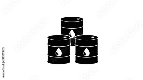 Vector illustration of three black oil drums with oil drop icons on a transparent background