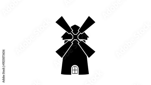 Vector illustration of black silhouette of a traditional windmill with four sails on a transparent background