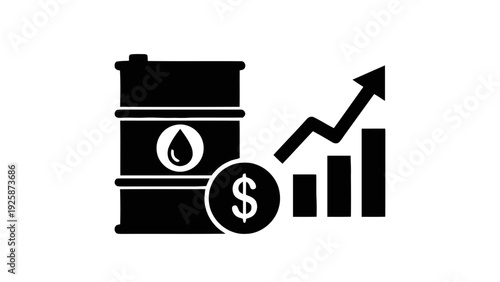 Vector illustration of oil price increase concept with barrel, dollar sign, and upward trending bar chart on a transparent background