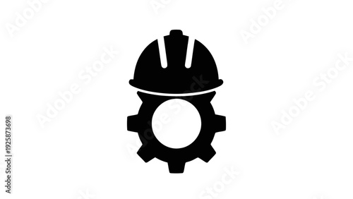 Vector illustration of black silhouette icon of hard hat over gear cogwheel on a transparent background