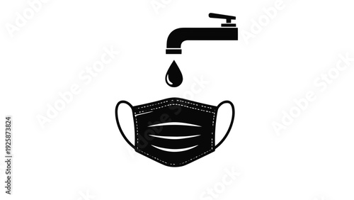 Vector illustration of black icon of a medical face mask being washed under a dripping faucet on a transparent background