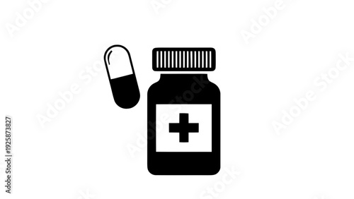 Vector illustration of black and white icon of a medicine bottle with a cross and a capsule pill on a transparent background