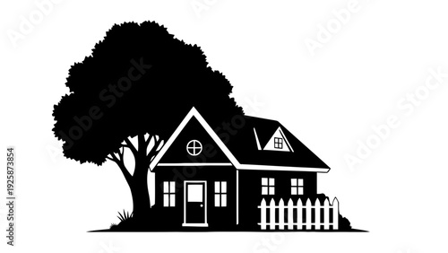 Vector illustration of black silhouette of a house with a large tree and white picket fence on a transparent background