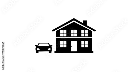 Vector illustration of simple black and white icon of a twostory house and a car on a transparent background