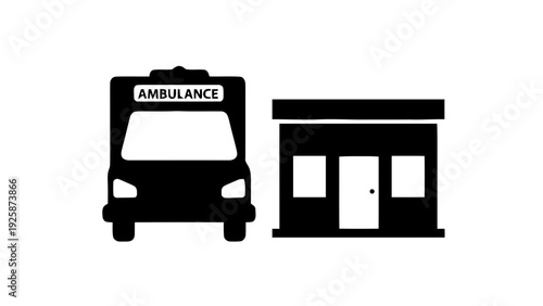 Vector illustration of ambulance vehicle arriving at a hospital or clinic building entrance icon on a transparent background