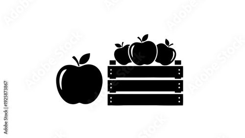 Vector illustration of black silhouette icon of apples and a wooden crate on a transparent background