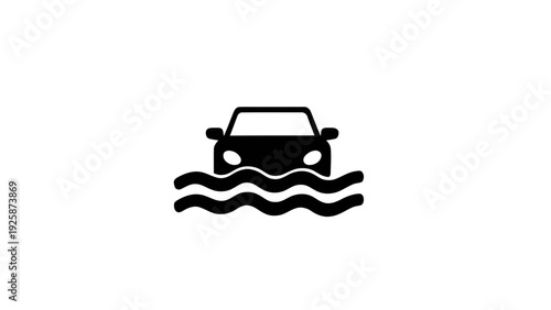 Vector illustration of car driving through flood water icon silhouette on a transparent background