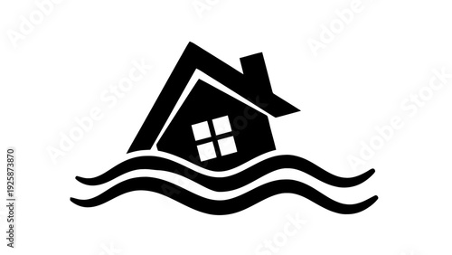 Vector illustration of icon of a house sinking in flood water, disaster symbol on a transparent background