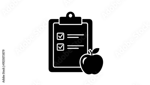 Vector illustration of clipboard with checklist and apple icon for healthy diet plan or nutrition tracking on a transparent background